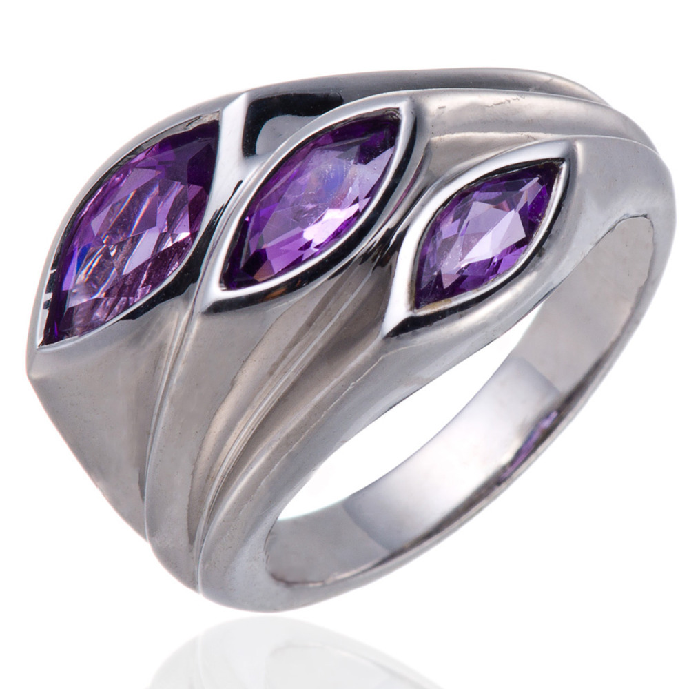Natural Amethyst Gemstone Three Stone Solid 925 Sterling Silver Leaf Ring Fine Jewelry
