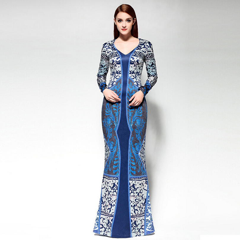 2015 Women runway fashion spring dress elegant blue and white designer maxi dress vintage formal fishtail dress 2015 D5014