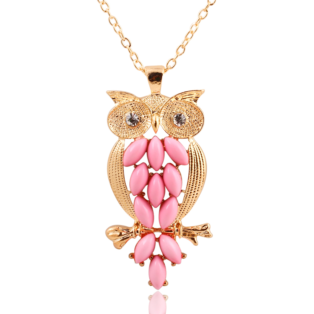 Brand Design New Fashion High quality Metal chain Pink gem owl pendant necklace statement jewelry women