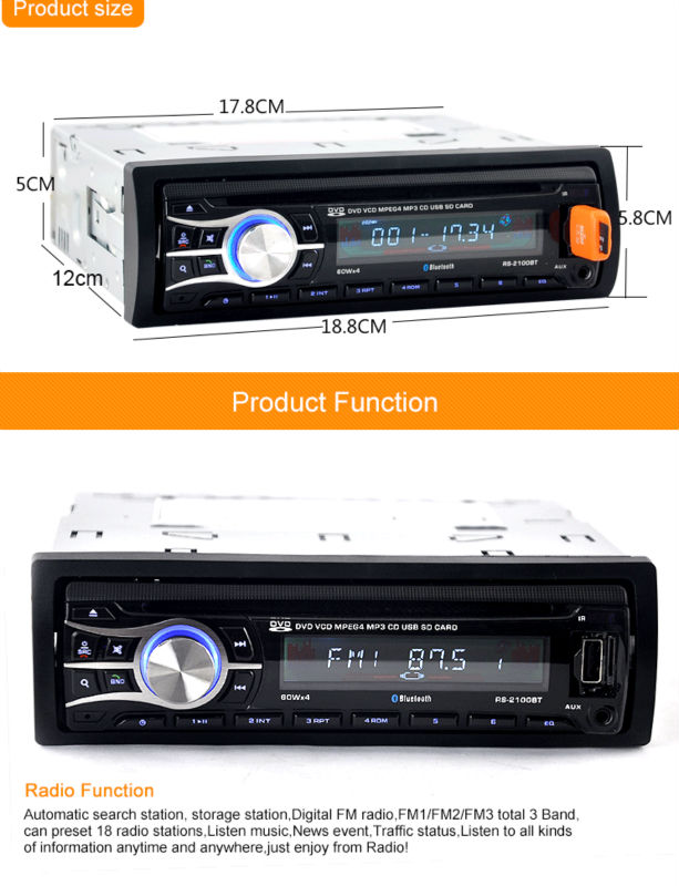 2016 New 12V Car CD DVD Player Stereo FM Radio MP3 Audio Player Support Bluetooth Phone with USB/SD MMC Port In-Dash 1 DIN 2100 2016 New 12V Car CD DVD Player Stereo FM Radio MP3 Audio Player Support Bluetooth Phone with USB/SD MMC Port In-Dash 1 DIN 2100