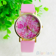 2014 nuevas mujeres del vestido de cuero ginebra Rose flor vestido relojes de cuarzo 0ODE