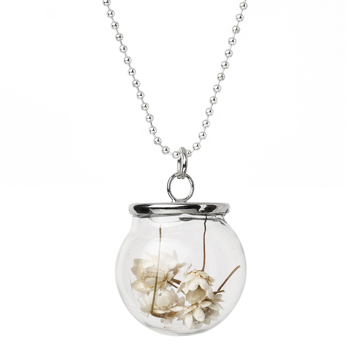 Ball  Glass Flower glass painting Chain Silver Necklace Tone White  ball Bottle Dried