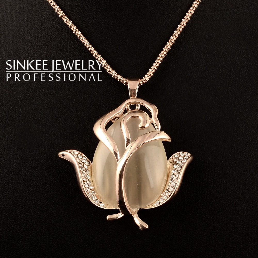 SINKEE free shipping charm resin opal rose pendant necklace long chain for women and girl fashion