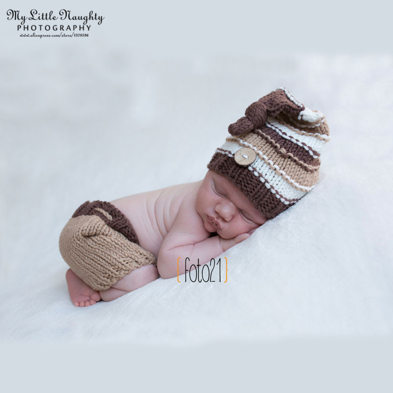 Fotografia newborn newborn photography props knitting patterns crochet outfit khaki knot button beanie +pants baby shower gift