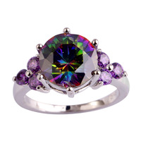 lingmei Wholesale Mysterious Rainbow Topaz & Amethyst Silver Ring Size 6 7 8 9 10 11 12 Fashion New Jewelry Free Shipping