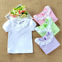 Children T shirt Girls 100 Cotton Tee Long Sleeve Lace Peter Pan Collar White T shirts
