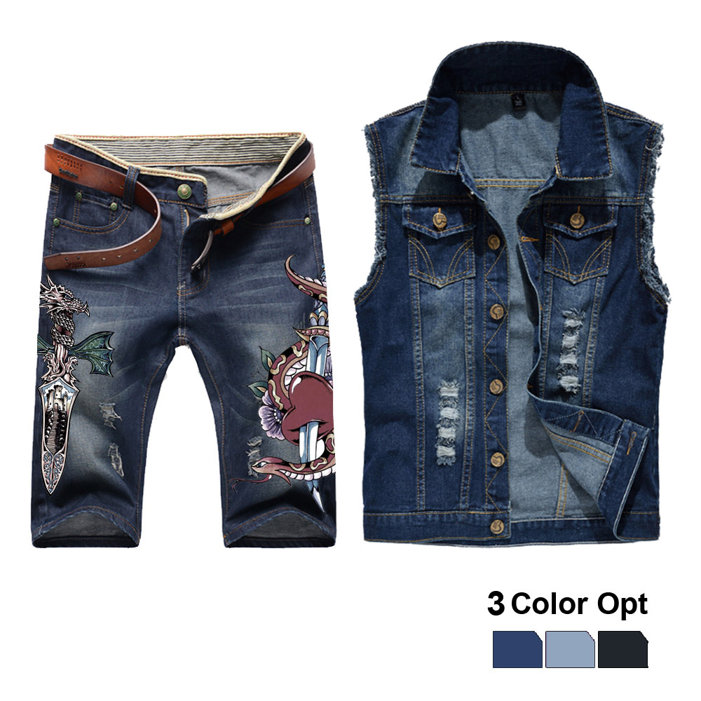 2021 Men Jean Vest Jacket Set Retro Ripped Destroyed Skinny Hole Top