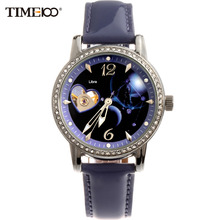 TIME100 12 Constellation Libra Women Automatic Self-wind Mechanical Watches Gift Leather Strap Diamonds Ladies Dress WristWatch