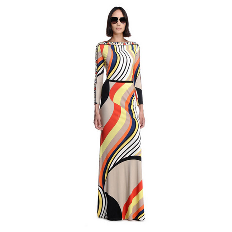 New Arrival Elegant Striped Printed Stretch Jersey Long Sleeve Slim Maxi Dress Long Dress 151209EP598c