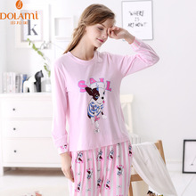 Autumn Women Full Sleeve pajamas sets Character Girl Sleepwear knitted cotton Pijama leisure Sleep & Lounge Suit Indoor Clothing