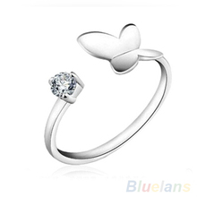 Women s Fashion Silver Plated Rhinestone Gift Adjustable Butterfly Opening Ring 1SIL