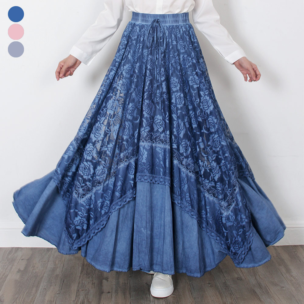 Free Shipping 2015 New Vintage Long Maxi A-line Skirts Women Elastic Waist Plaid Summer And Autumn Denim Jeans Pleated Skirts