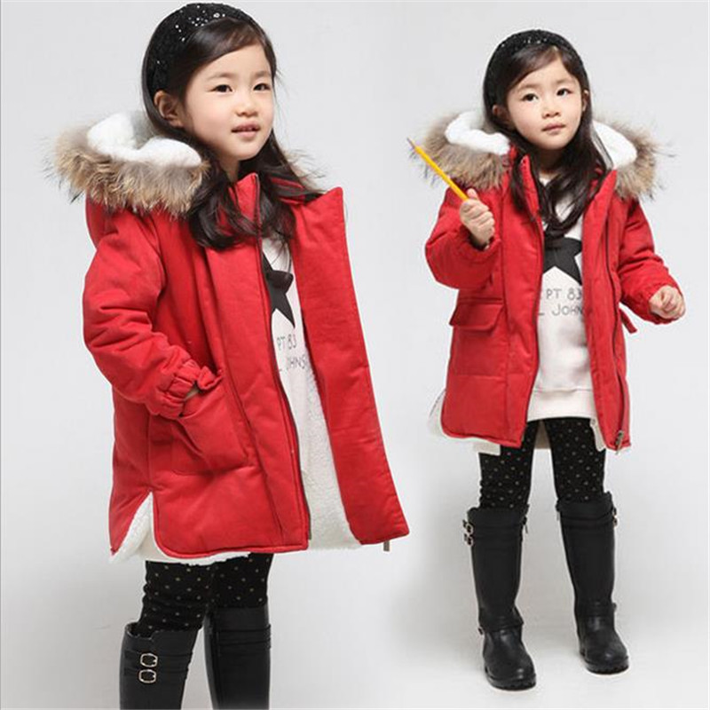 New Brand 2015 Kid s Girls Winter Coats Thick Fashion Fur Hooded Warm Girl Solid Red
