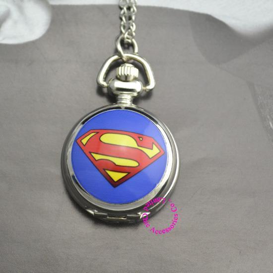 blue DC Superhero the superman Pocket Watch Necklace hour wholesale price good quality new fashion girl