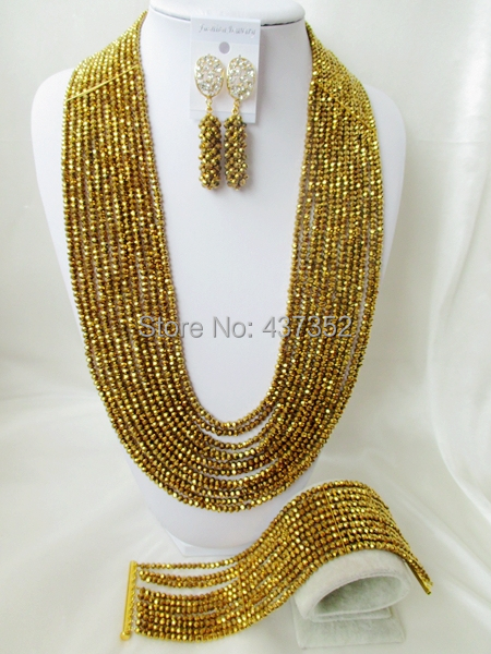 Glamorous 26'' Long 12layers Gold Plated Coffee Copper Crystal Nigerian African Wedding Beads Jewelry Set CPS5231