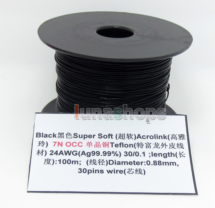 Black 100m 24AWG Ag99.9% Acrolink Pure 7N OCC Signal Teflon Wire Cable 30/0.1mm2 Dia:0.88mm For DIY
