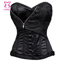 Zipper Black Overbust Corset Steel Boned Waist Training Corsets Plus Size Gothic Steampunk Clothing Women Sexy Burlesque Costume