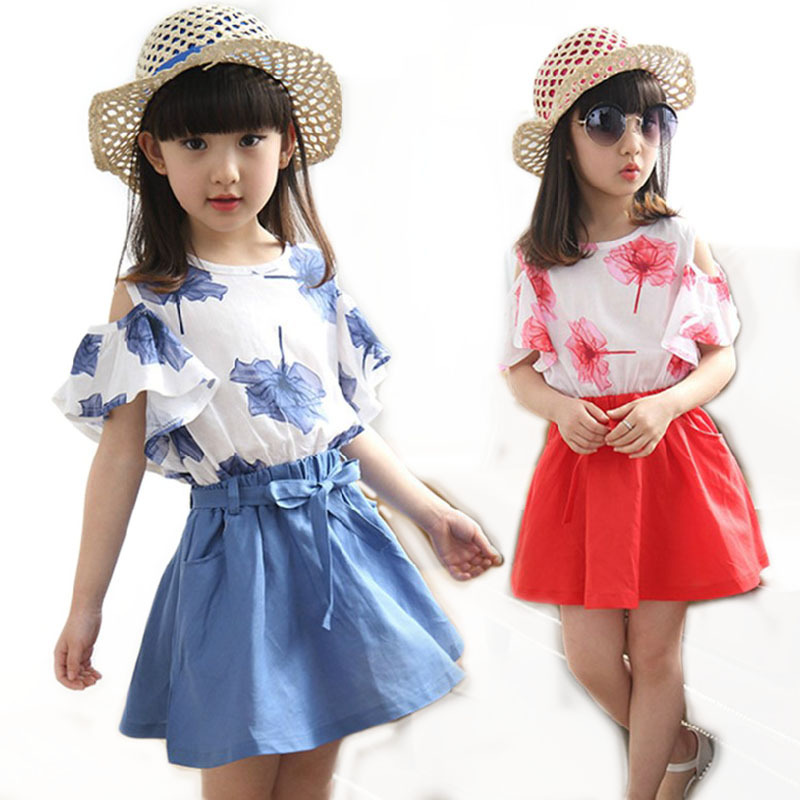 Girls Skirts Set 2015 Summer Hot Girl Skirt Sets 2 Pieces Chiffon Maple Short sleeve Shirt