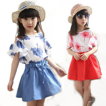 Girls Skirts Set 2015 Summer Hot Girl Skirt Sets 2 Pieces Chiffon Maple Short sleeve Shirt