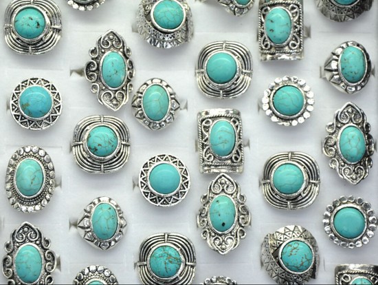 Wholesale 5Pcs Mixed Stone Silver Plated Turquoise Finger Rings For Women Lady