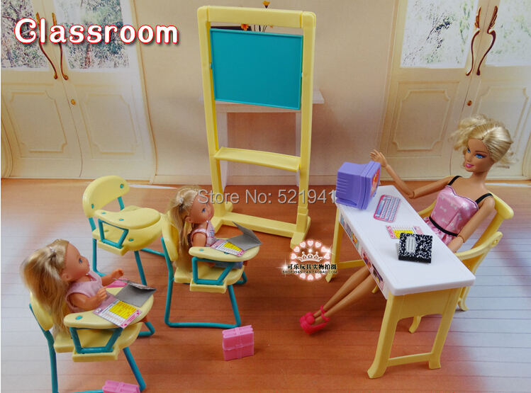 Free Shipping Classroom chairs + blackboard Gift Set doll accessories doll furniture for barbie doll,girls DIY toys