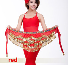 2015 Ladies Waving Rows Velvet Belly Dance Hip Skirt Scarf Wrap GEM WAIST BELT Chain with Three Layers Golden Tone Coins Beads