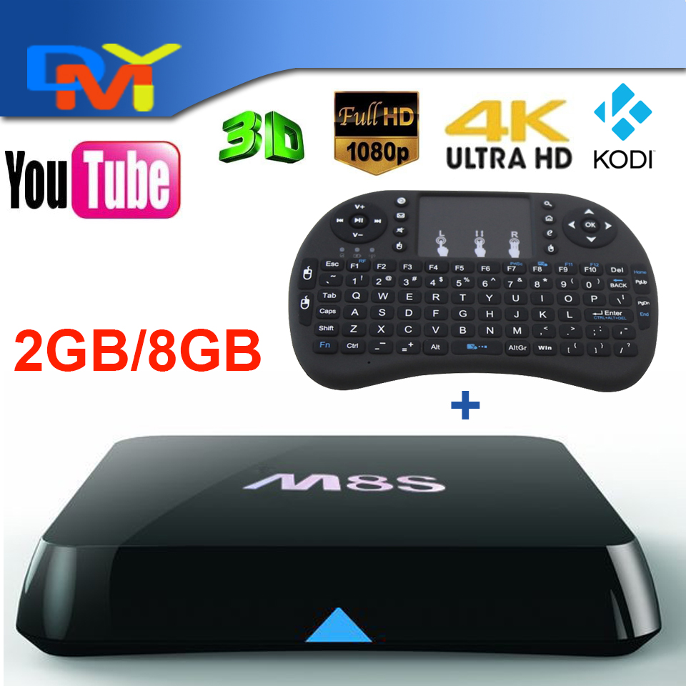 M8S Android Smart TV Box Fully loaded Quad core 4K 2G/8G wifi HDMI XBMC KODI Media Player TV Box + i8 Air Mouse Keyboard