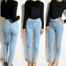 2016 popular women summer waist straight Stuck his bottom fit denim trousers Body Slim retro boyfriend jeans multiple Sizes