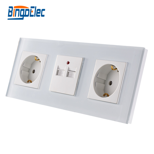 Double germany socket and usb wall socket,white glass panel, Europe standard ,