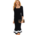 New Arrival 2016 Womens Elegant V Back Square Neck Colorblock Mermaid Work Office Party Evening Sheath