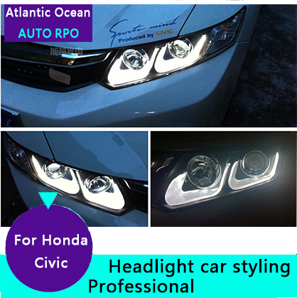AUTO.PRO Double U-Angel Eyes LED DRL For Honda civic LED headlights 2011-2014 Q5 bi xenon lens car styling H7 parking car light