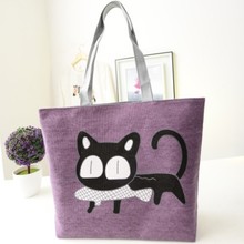 Lovely Girl s Cartoon Cat Eat Fish Shopping Shoulder Bags Canvas Women Handbag Beach Bag Tote