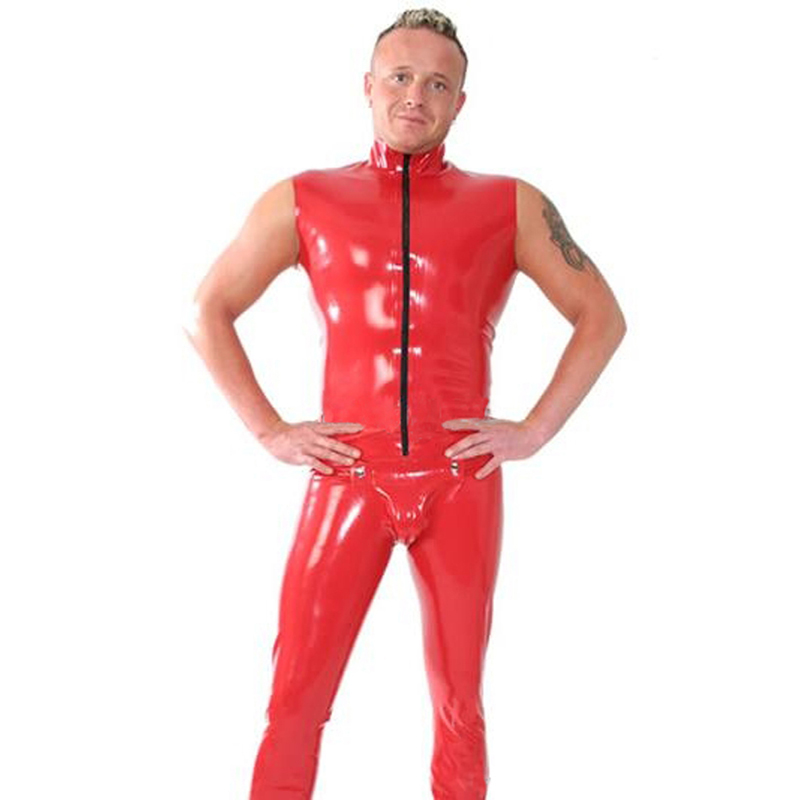 2015 new fashion Red sexy latex male catsuit sleeveless fetish rubber costumes with front crotch piece plus size Hot sale