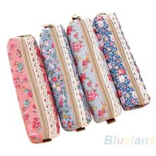 Fashion Mini Retro Flower Floral Lace Pencil Shape Pen Case Cosmetic Makeup Make Up Bag Zipper