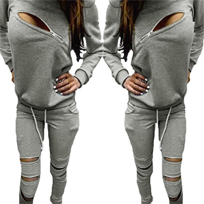 Autumn Women 2pcs Ballinciaga Tracksuit Hoodies Sweatshirt Pants Sets Sexy Zip Cut Out Sports 