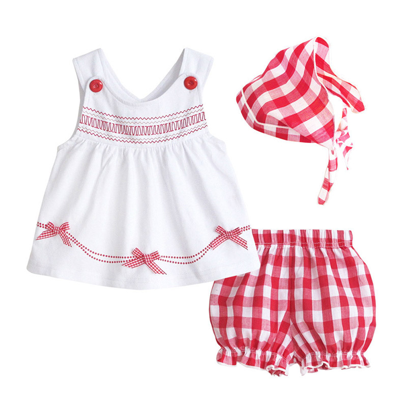 NEW Summer 2016 Baby Girls Outfit Top Short Headband 3pec Clothes Sets Fashion Lattices tutu Infant