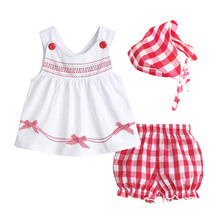 NEW Summer 2016 Baby Girls Outfit Top+Short+Headband 3pec Clothes Sets Fashion Lattices tutu Infant Clothing Children Clothes