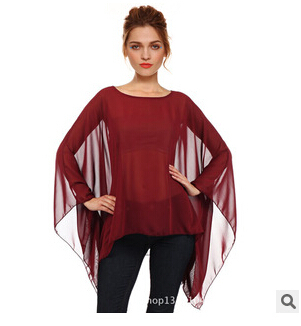 2015 Autumn New Round neck bat sleeve t shirt sexy perspective women s chiffon loose irregular