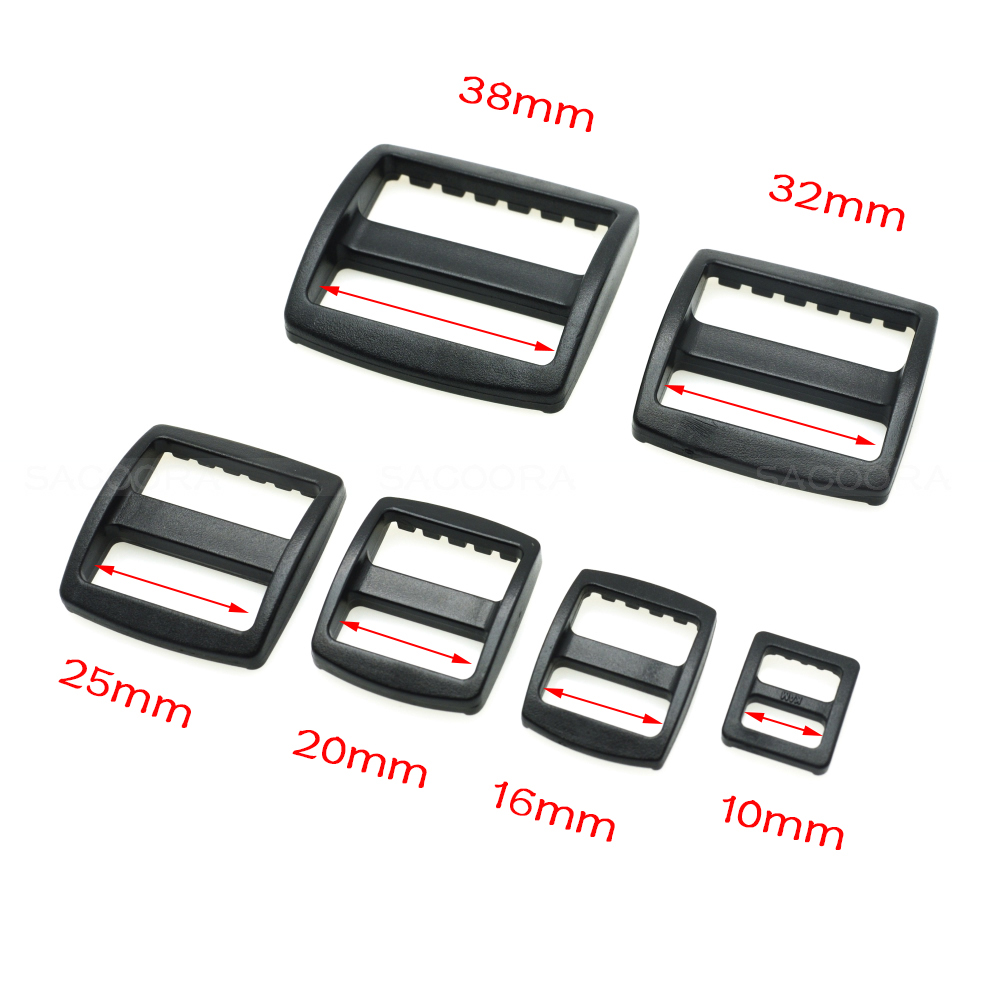 Description Picture 2 of item10pcs/pack Plastic Slider Tri Glide Adjust Buckles Backpack Straps Webbing 10/16/20/25/32/38mm Wider Style Black