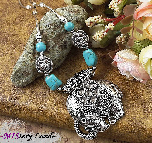 NR139 Bohemian Gypsy Tibetan Silver Elephant Turquoise Pendant vintage choker necklace chain jewelry gift