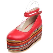 white red Ankle Strap Platform Wedges High Heels pu leather Women Shoes Autumn flatform pumps Big Size34-43