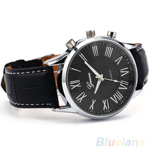 2014 Fashion Roman Dial Mens Elegant Leather Black Analog Quartz Sport Wrist Watch