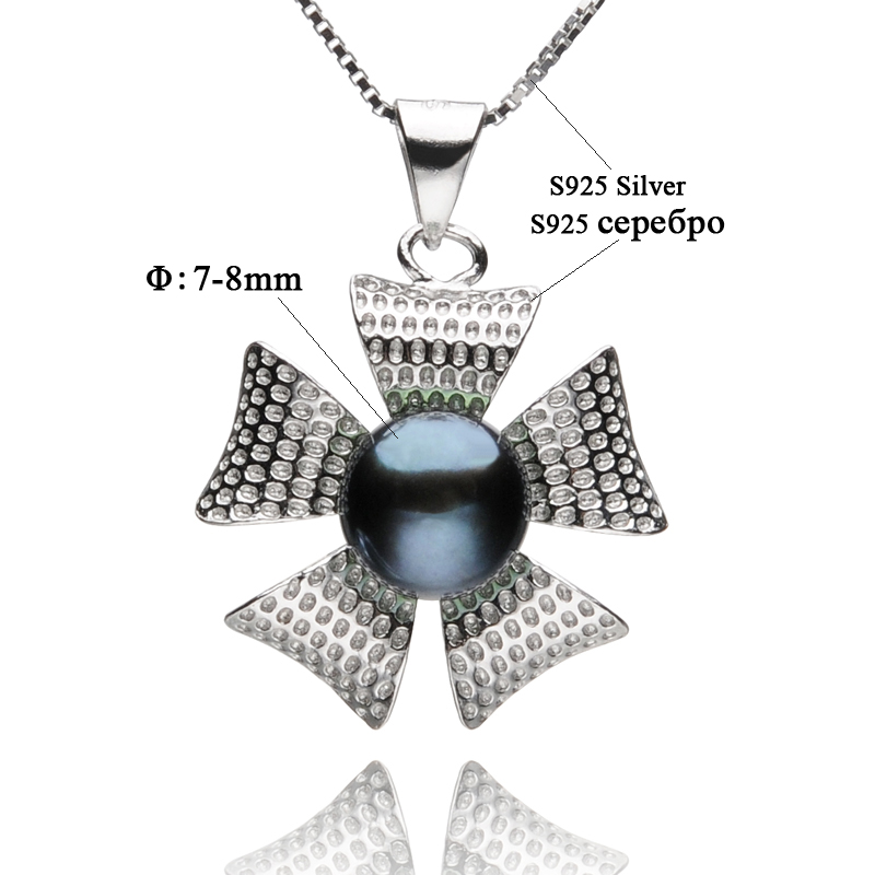 New arrival Flower-shaped 925 Sterling Silver Pearl Pendant Necklaces 7-8mm Black Freshwater Pearls Women's Pearl Jewelry