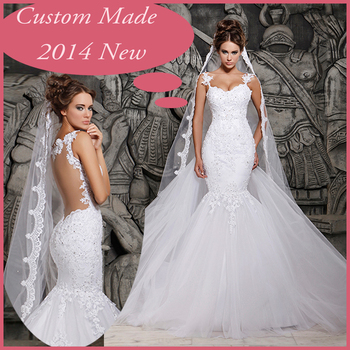 2014 дизайнеры белое кружево и видеть сквозь русалка свадебные платья со съемной поезд свадебные платья тюль MH-101