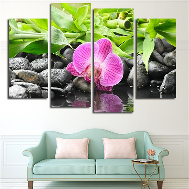 4 Panel Wall Art Canvas Painting Botanical Green Feng Shui Orchid Oil Painting Print Quadros Decoration Art Picture Posters