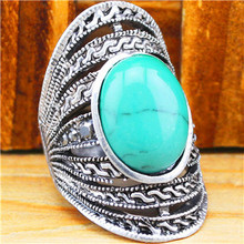 Vintage Look Tibetan Alloy Antique Silver Plated Victoria Style Flower Oval Turquoise Bead Ring TR224