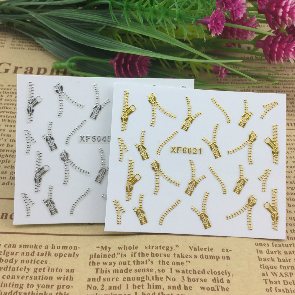 2 Sheets Fashion 3D DIY Gold Silver Zipper Design Nail Art Sticker Decal Manicure Nail Tools