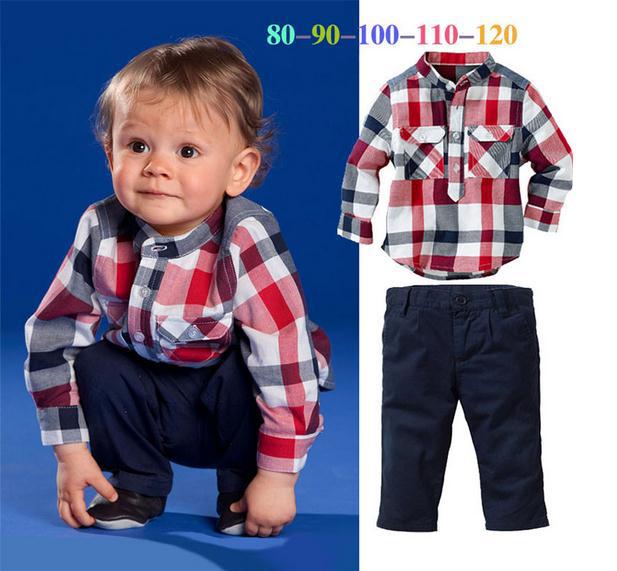2014 New autumn baby boy suit red cotton long sleeve plaid shirt + trousers 2pcs set kids boys casual clothing set 5set/lot
