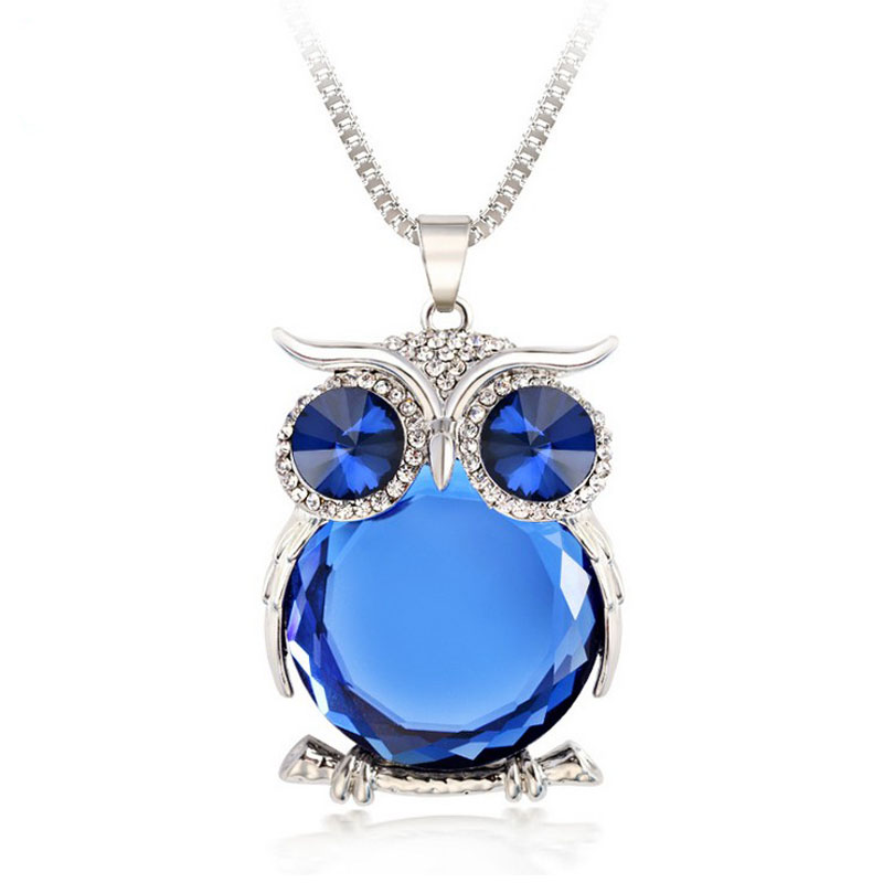 2015 High Quality Vintage Necklaces Zinc Alloy Crystal Jewelry Owl Necklace Pendant Long Popcorn Chain Necklace