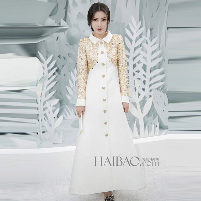 Luxury Coat  2015 New Autumn - Winter Runway Coat Full Sleeve Turn-Down Collar Fashion Sequins Patchwork White Woolen Long coat